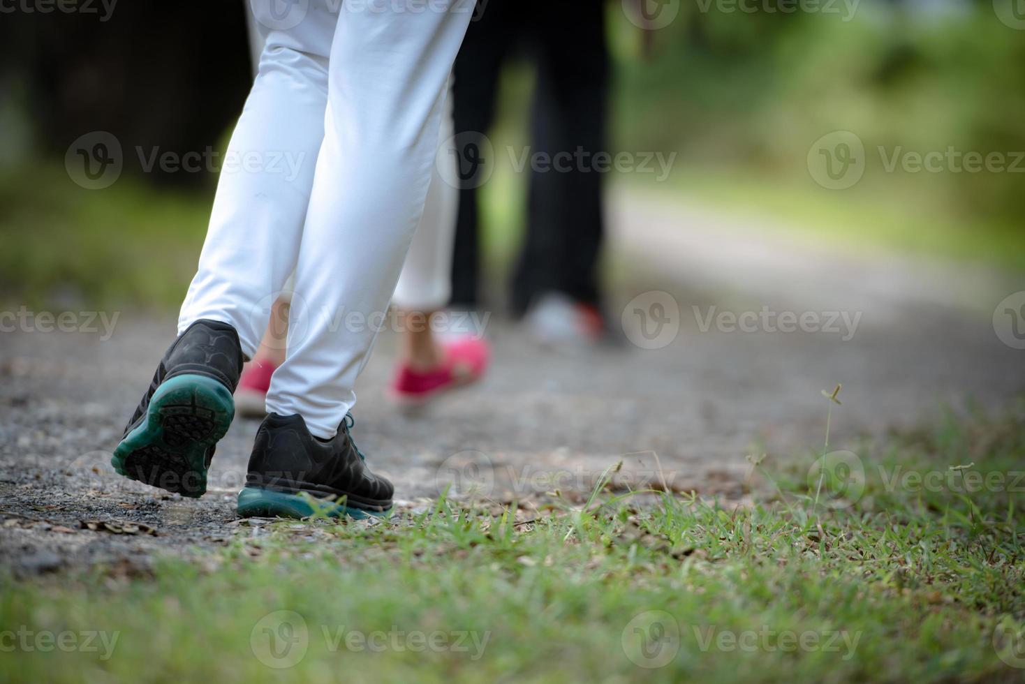 persone indossare sport scarpe a piedi e in esecuzione nel il parco. foto