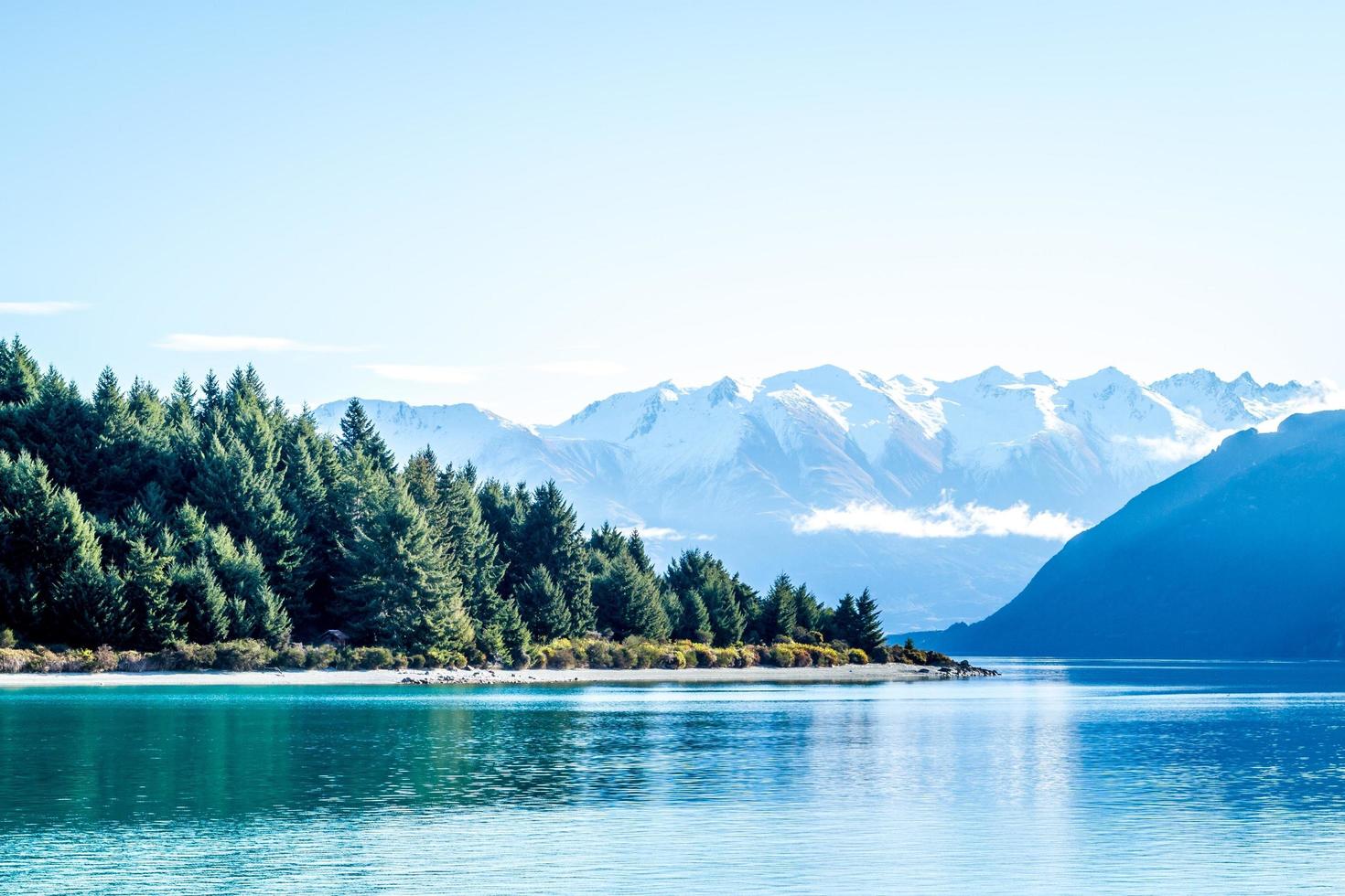 lago circondato da alberi e montagne innevate foto