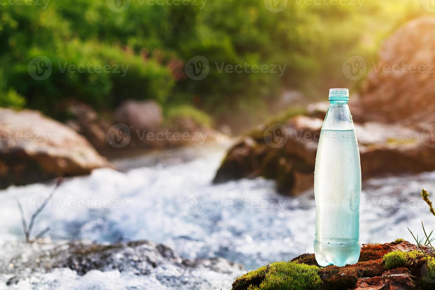 plastica bottiglia con fresco potabile acqua su il sfondo di un' montagna flusso, nel il selvaggio. ool fresco acqua foto