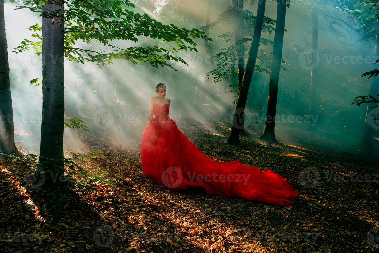 elegante elegante donna nel un' lungo rosso vestito e un' reale corona nel il nebbioso foresta foto