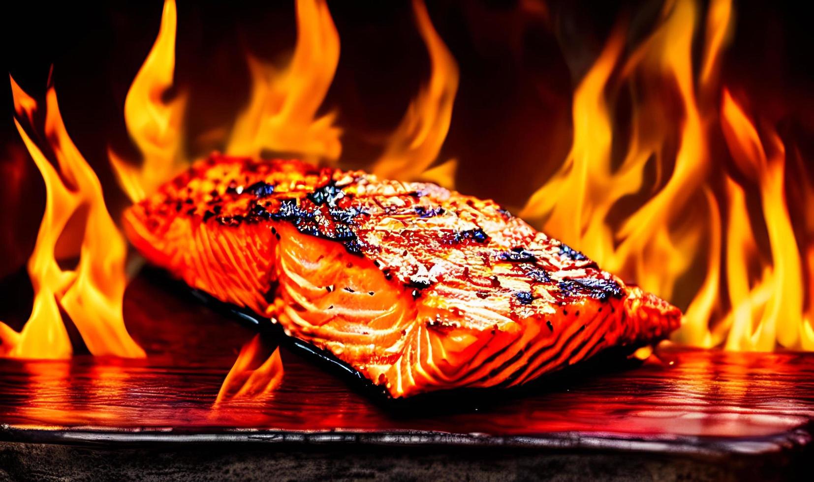 grigliato salmone. salutare cibo al forno salmone. caldo pesce piatto. foto