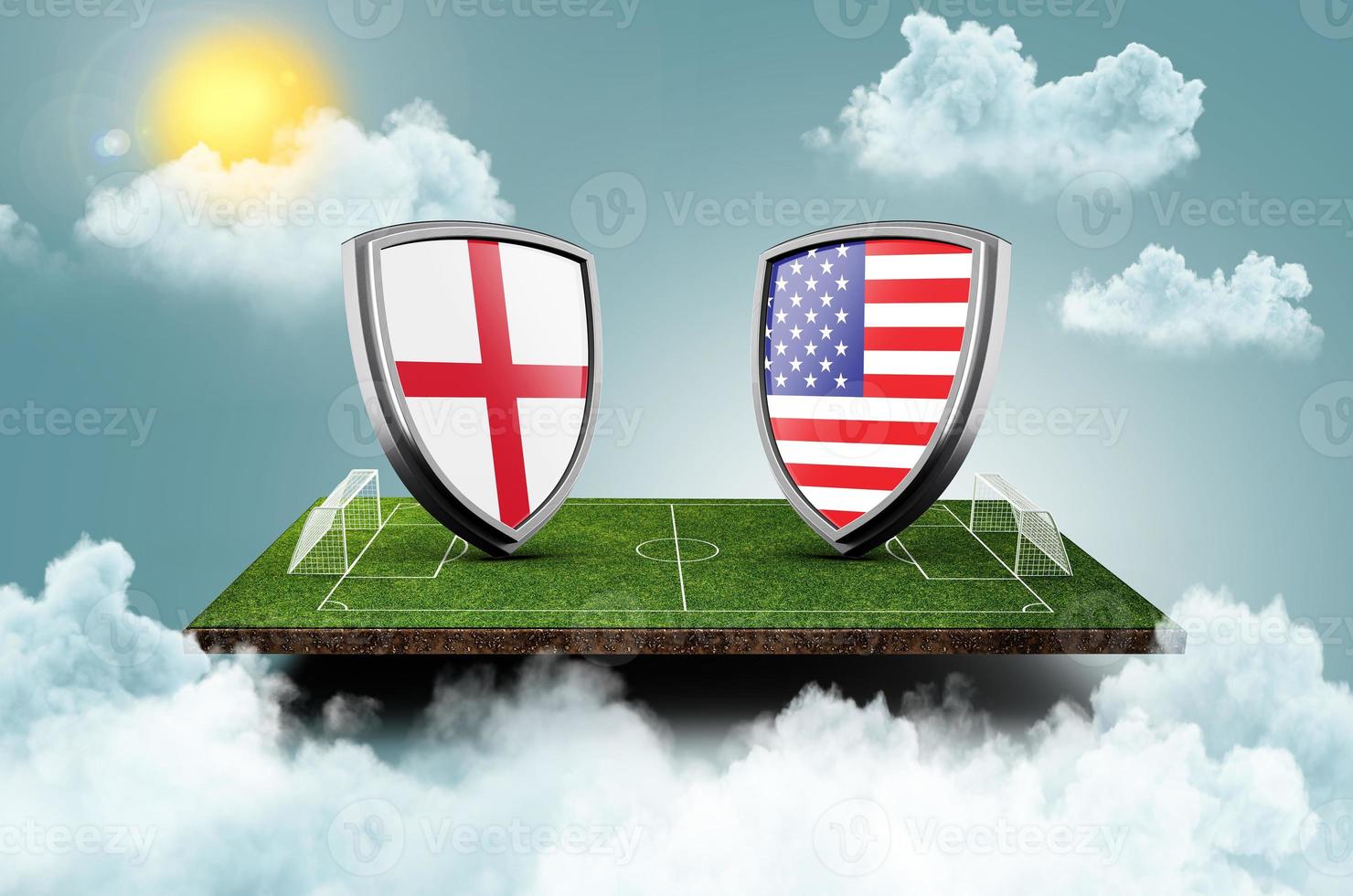 Inghilterra vs Stati Uniti d'America contro schermo bandiera calcio concetto. calcio campo stadio, 3d illustrazione foto