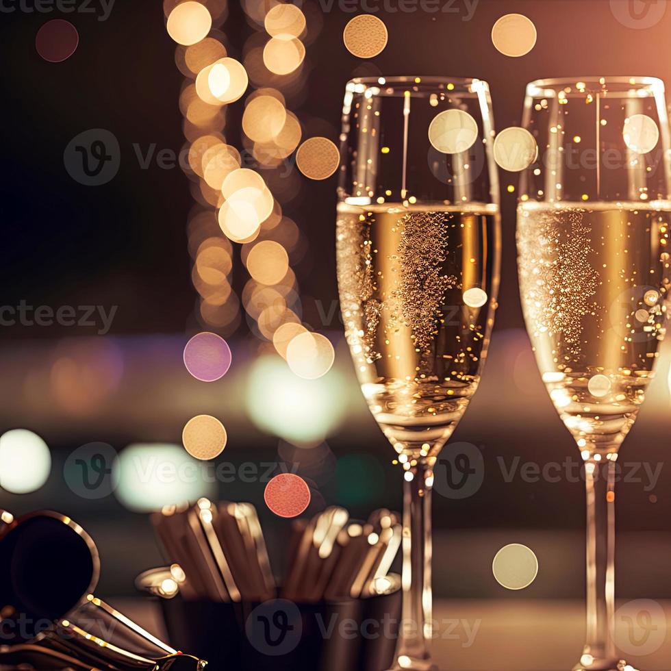 Champagne bicchieri contro vacanza luci e nuovo anno fuochi d'artificio foto