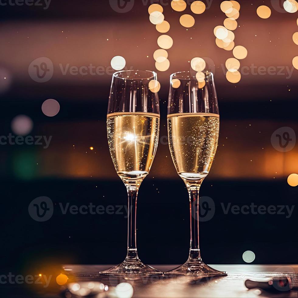 Champagne bicchieri contro vacanza luci e nuovo anno fuochi d'artificio foto