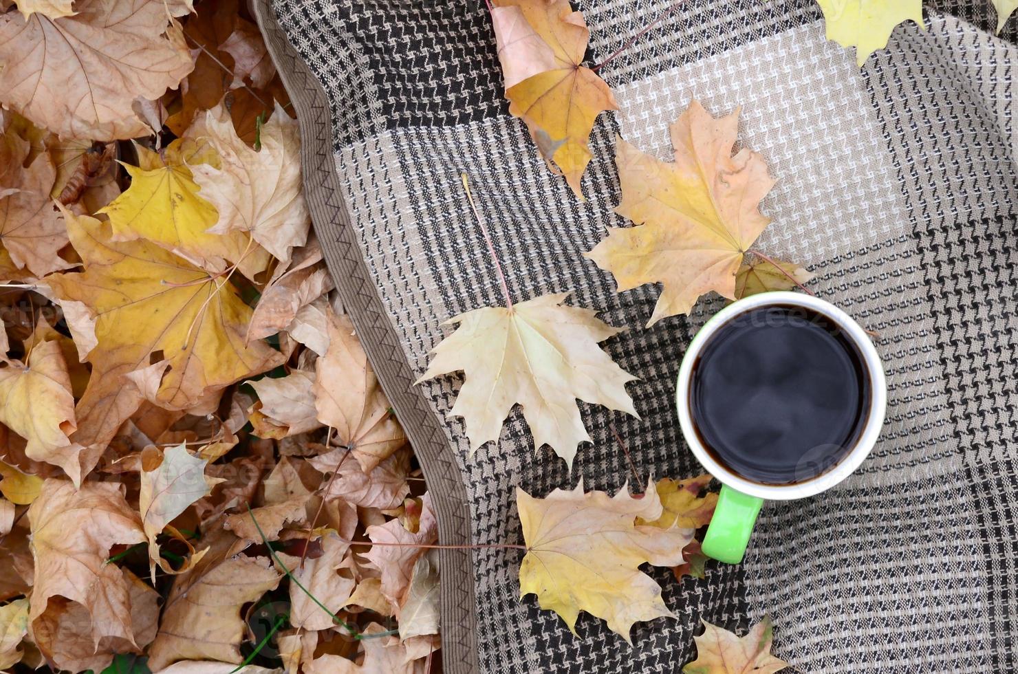 autunno le foglie e caldo cottura a vapore tazza di caffè bugie su scacchi plaid all'aperto foto