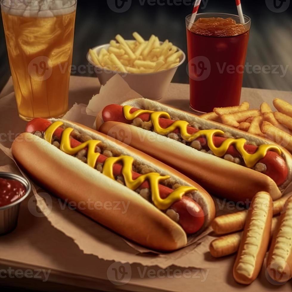 caldo cani con ketchup, giallo mostarda, francese patatine fritte e bibita. foto