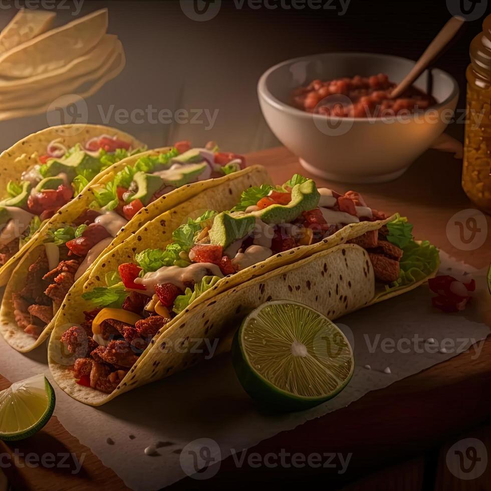 alto angolo messicano tacos su di legno sfondo foto