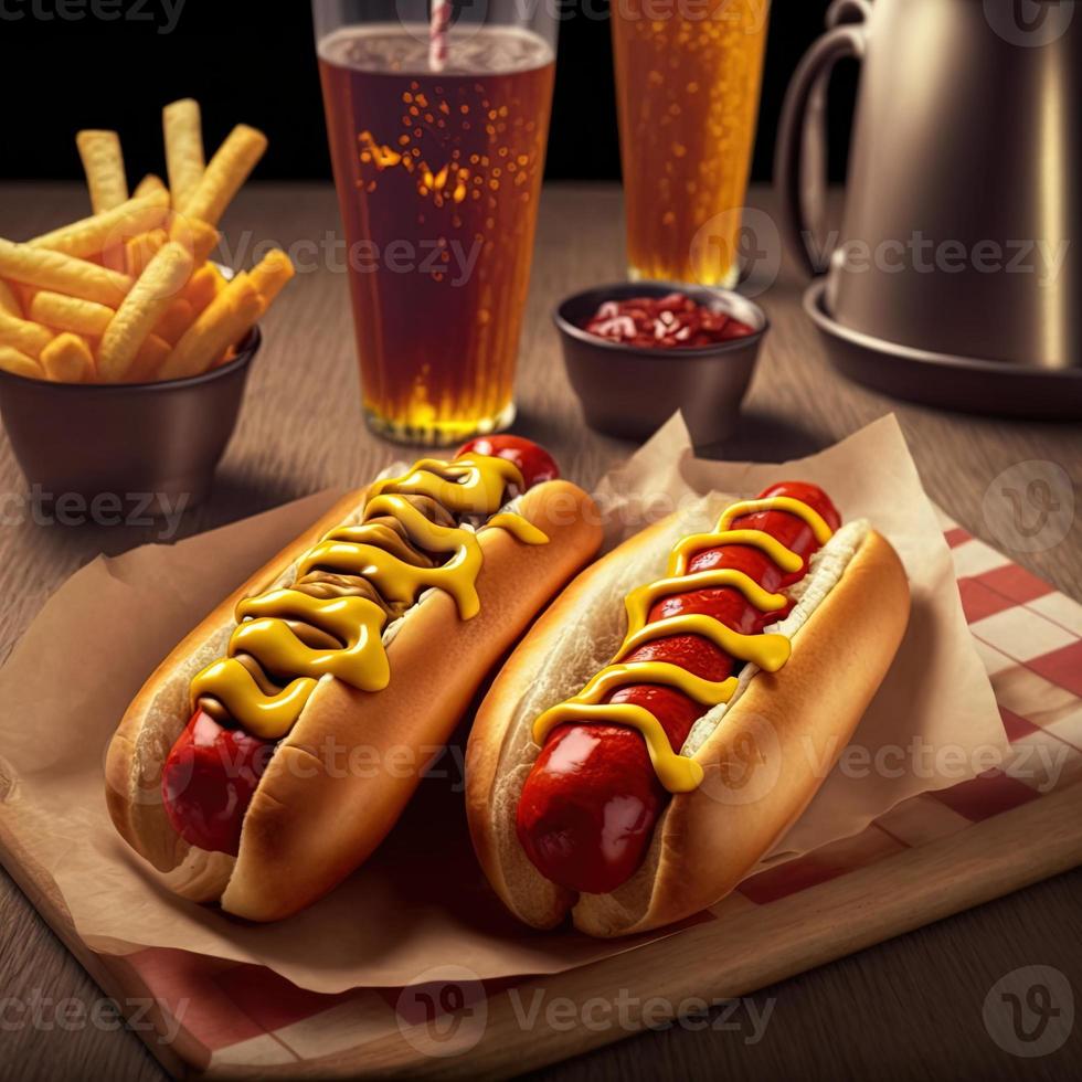 caldo cani con ketchup, giallo mostarda, francese patatine fritte e bibita. foto