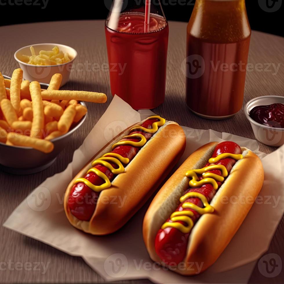 caldo cani con ketchup, giallo mostarda, francese patatine fritte e bibita. foto