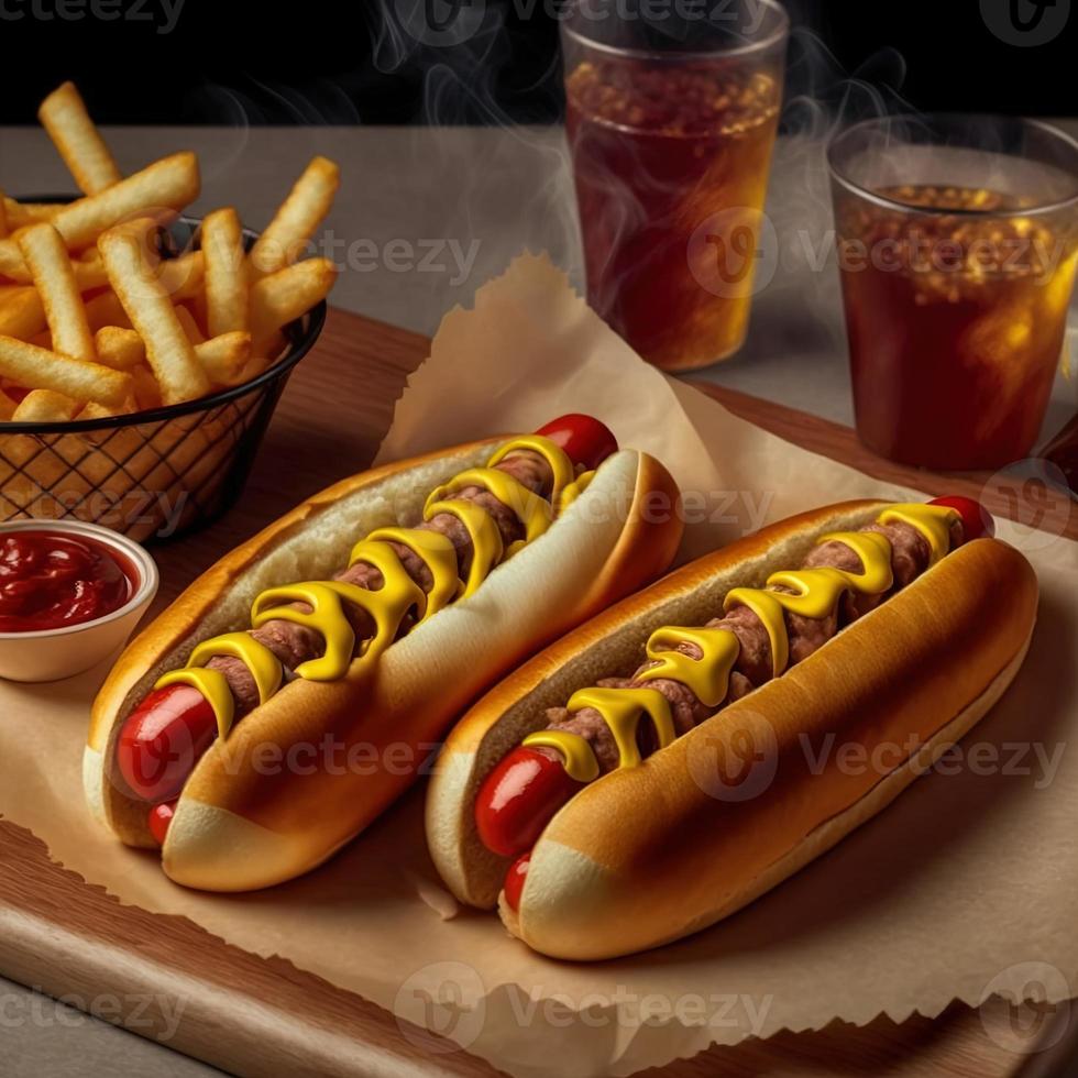 caldo cani con ketchup, giallo mostarda, francese patatine fritte e bibita. foto