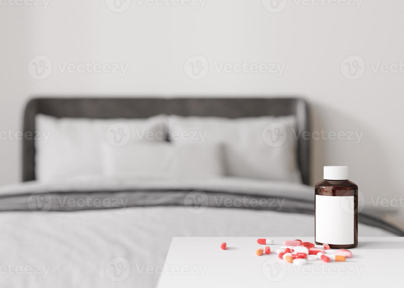 pillole e vuoto bottiglia su tavolo a casa. medicinali, compresse. malato per essere. restare nel letto. medico bottiglia finto su. malattia, patologia, Salute, assistenza sanitaria concetto. copia spazio per il tuo testo, logo. 3d rendere. foto