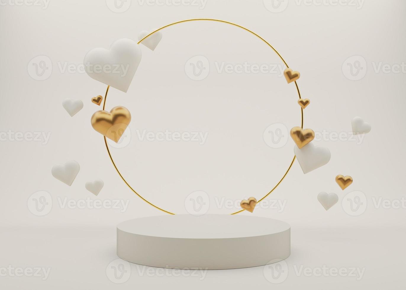 crema bianca podio con cuori e d'oro squillo. San Valentino giorno, nozze, anniversario. podio per Prodotto, cosmetico presentazione. finto su. piedistallo o piattaforma per bellezza prodotti. 3d illustrazione. foto