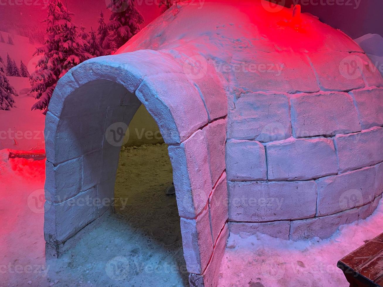 iglù e neve riparo nel alto cumulo di neve con montagne picchi su sfondo foto