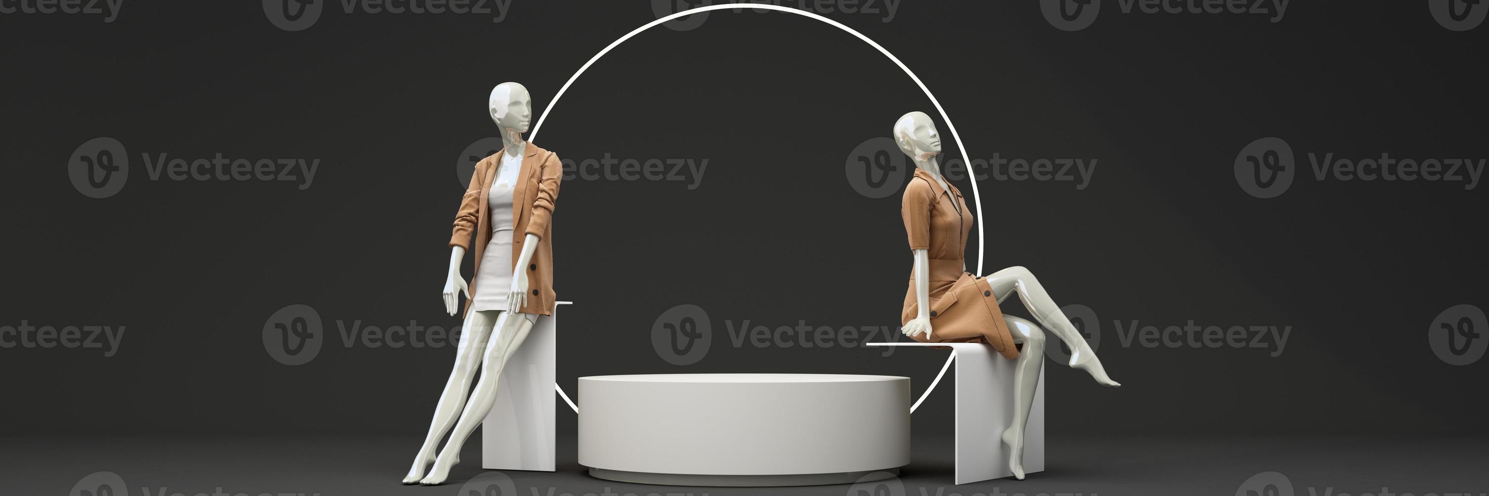 statua di modello indossatrice nel oro per in mostra moda formale Abiti nel un astratto concetto. su pietra pallet geometrico Prodotto In piedi. isolato su nero sfondo con promozione saldi. 3d interpretazione foto