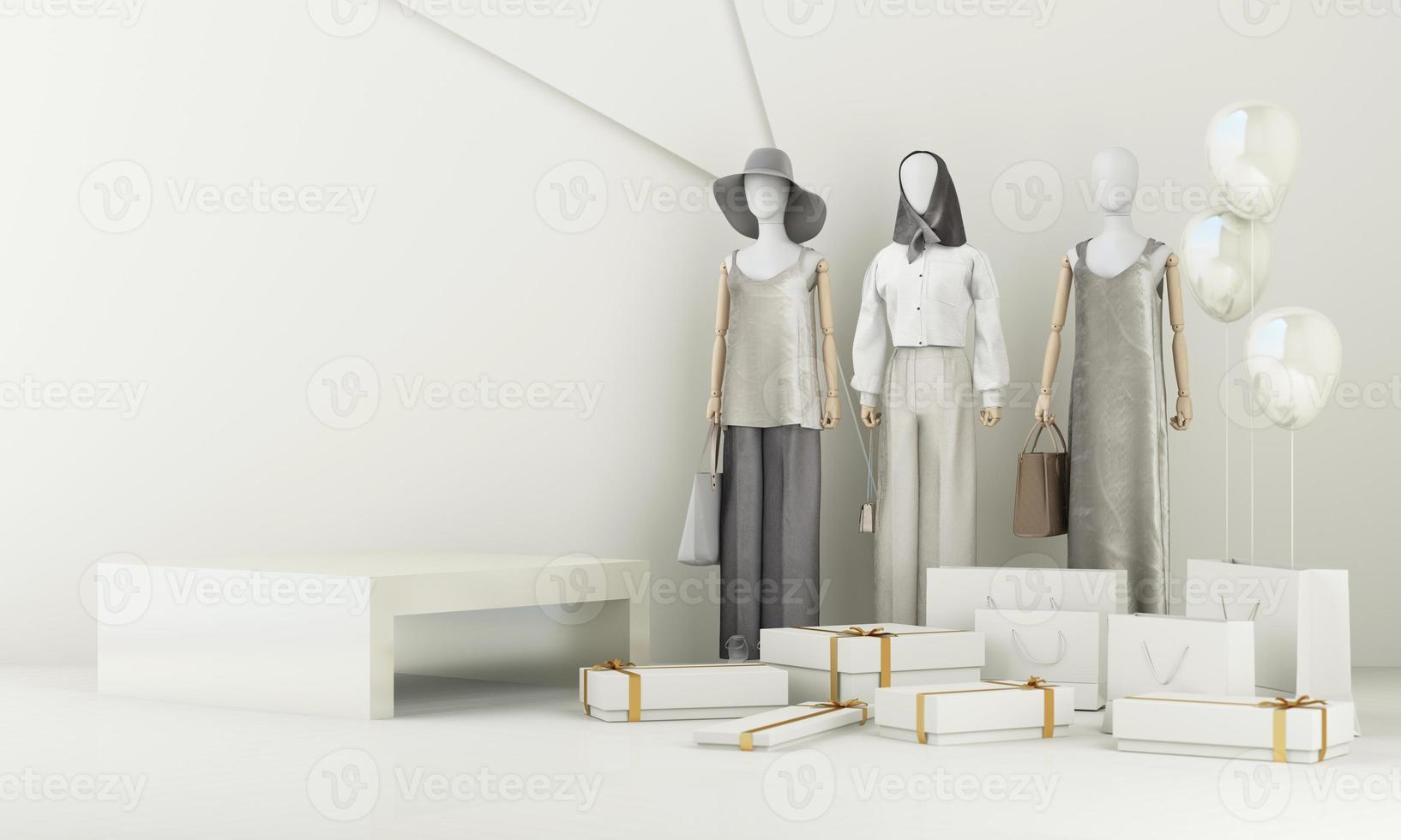 moda stile di vita concetto manichini con spazio per promozionale annunci su i saldi e podi. Prodotto mostrare In piedi e geometrico forma. su bianca sfondo. 3d interpretazione foto