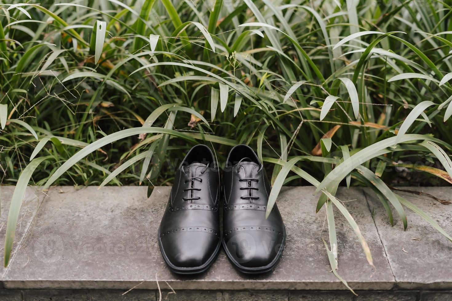 un' paio di formale nero gentiluomini scarpe posa su il terra, con negativo spazio bene per concetto Stampa. foto