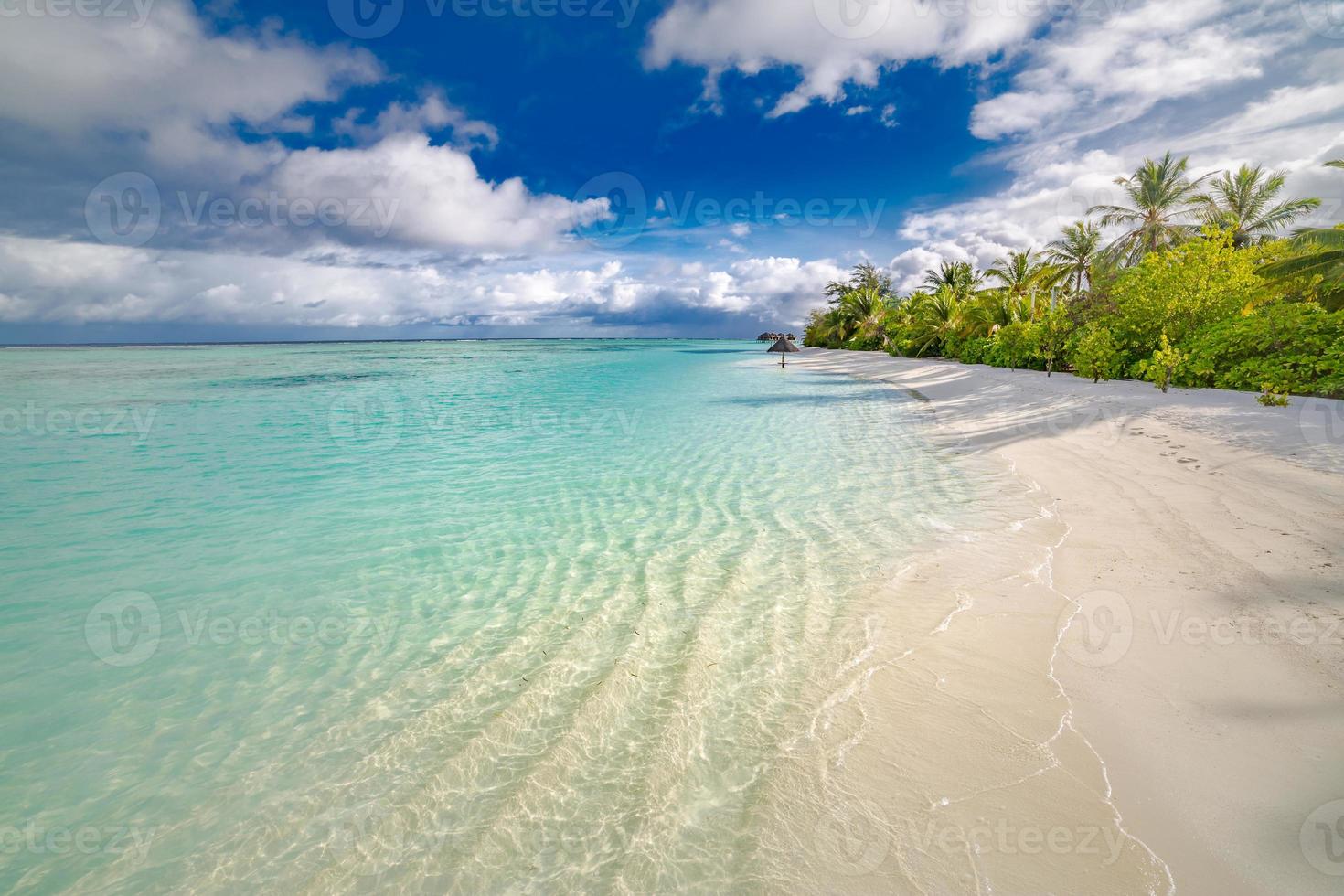 fantastico Maldive paesaggio, tropicale spiaggia. morbido sabbioso spiaggia con palma alberi e blu cielo, idilliaco spiaggia scena per estate vacanza o spiaggia vacanza concetto. lusso viaggio e turismo design foto