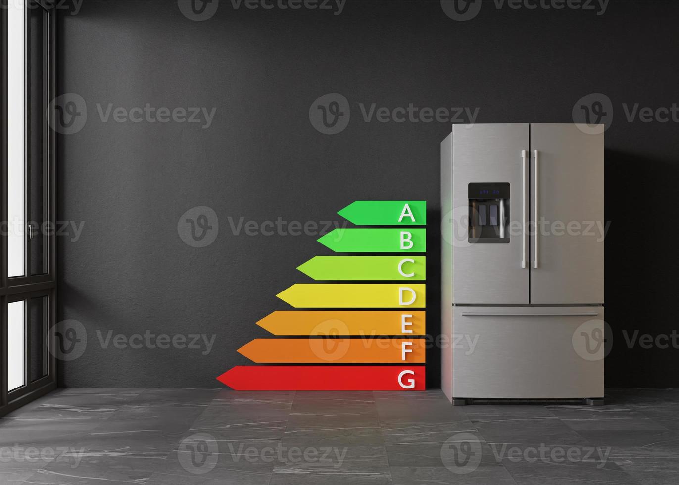 frigorifero e energia efficienza valutazione grafico. domestico elettrico attrezzatura. moderno cucina apparecchio. inossidabile acciaio frigo con Doppio porte, congelatore. Salva energia. 3d resa. foto