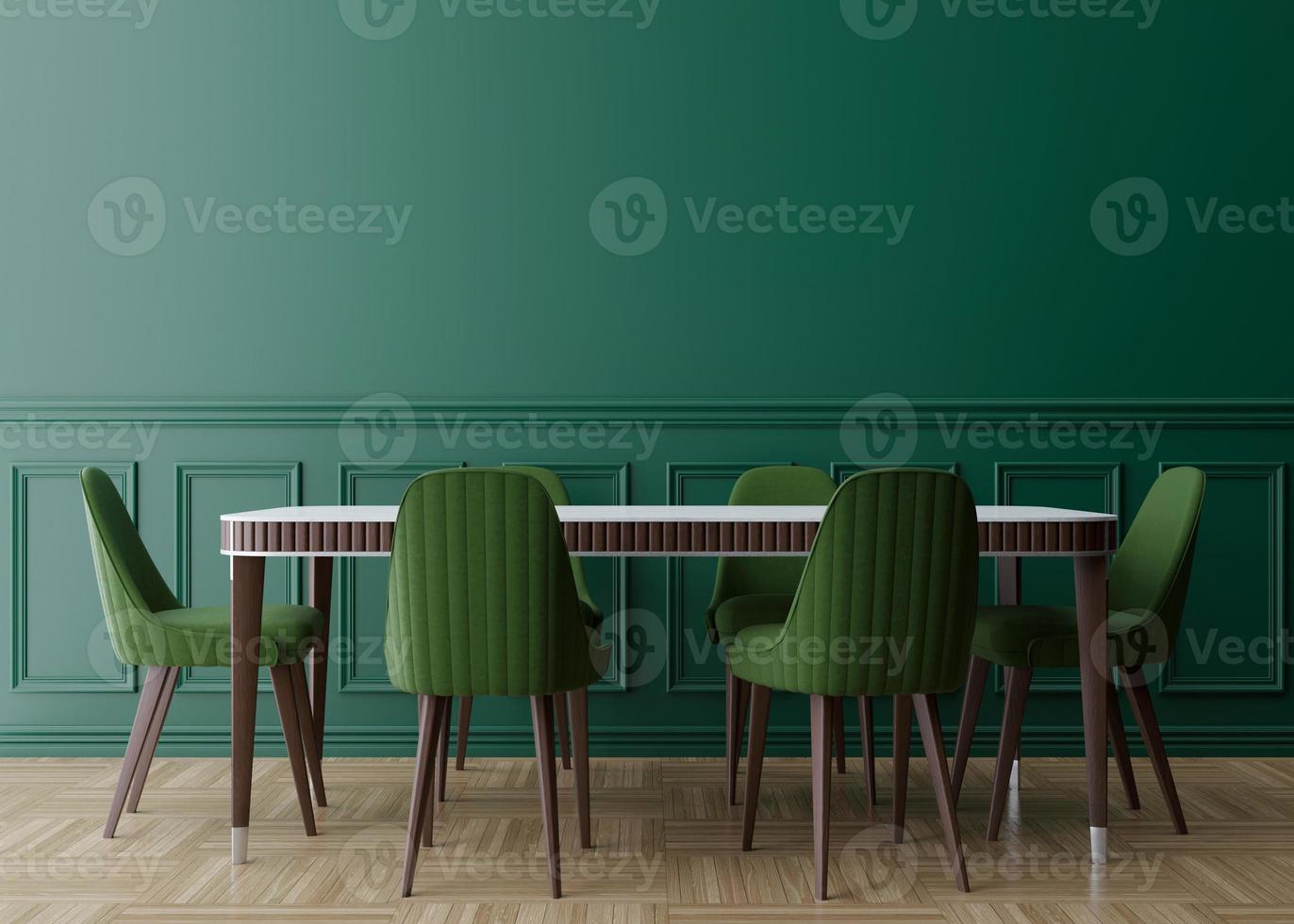 vuoto verde parete nel moderno cenare camera. finto su interno nel classico stile. gratuito spazio, copia spazio per il tuo immagine, testo, o un altro design. pranzo tavolo con verde sedie, parquet pavimento. 3d resa. foto
