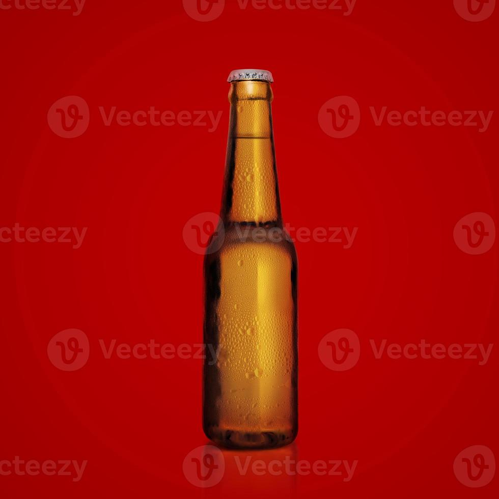 Marrone bottiglia di fresco birra con gocce di condensazione su un' rosso sfondo. 3d rendere foto