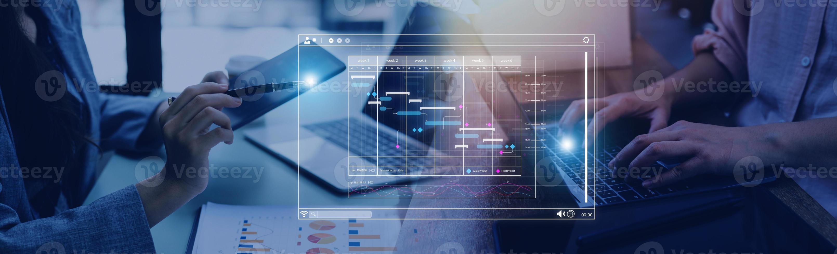 analista Lavorando con computer nel attività commerciale analitica e dati gestione sistema per rendere rapporto con kpi e metrica collegato per Banca dati. aziendale strategia per finanza, operazioni, i saldi, marketing foto