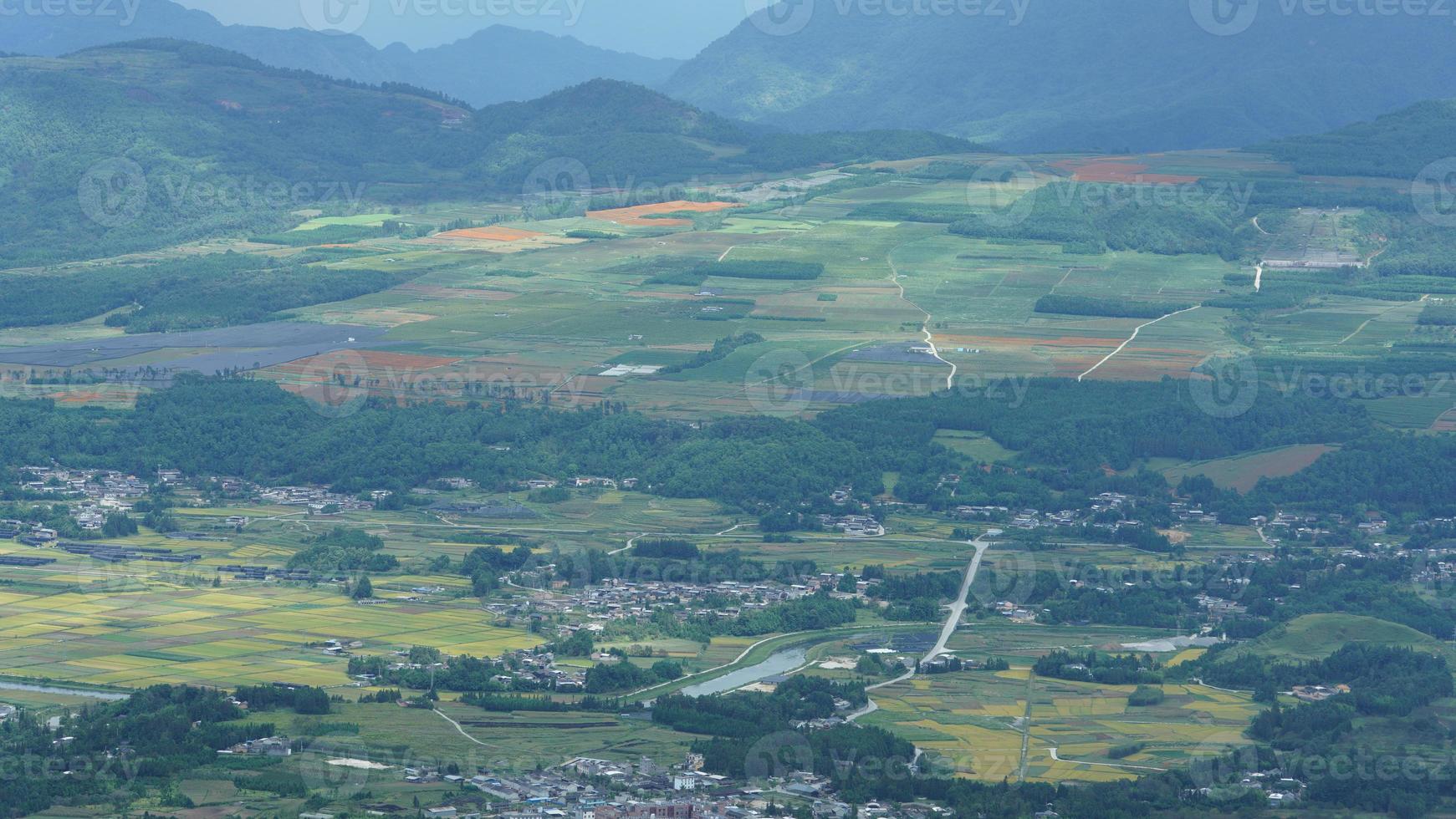 il raccolta giallo riso campo Visualizza collocato nel il valle tra il montagne con il nuvoloso cielo come sfondo foto