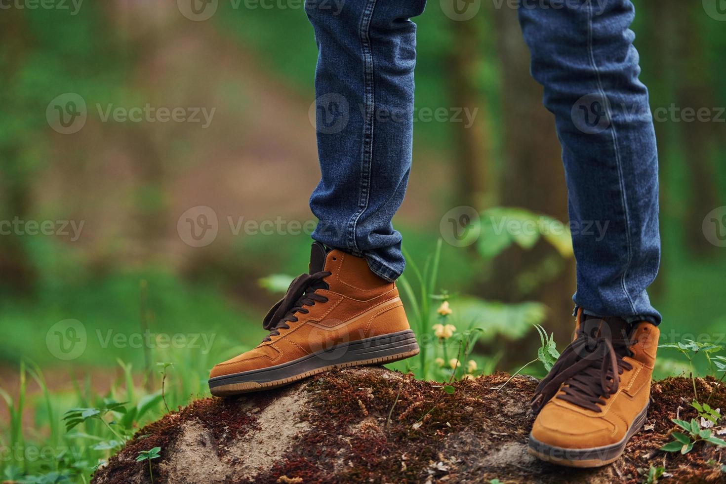 vicino su Visualizza di dell'uomo gambe su il roccia nel foresta. viaggiatore avere un' camminare foto