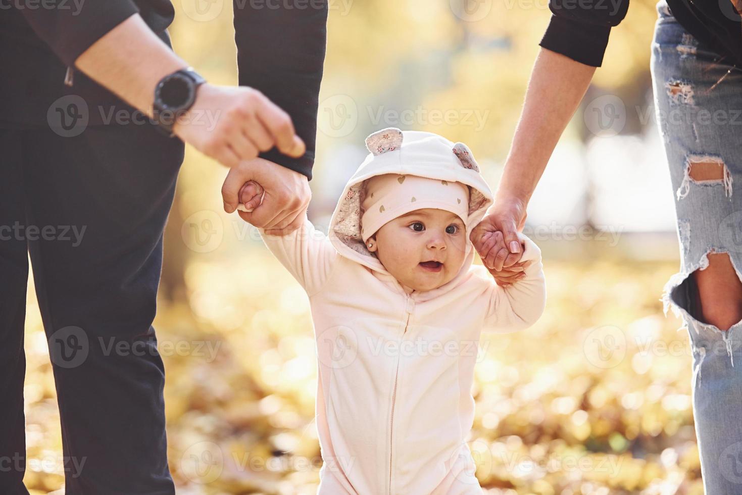 vicino su Visualizza. allegro famiglia avendo divertimento insieme con loro bambino nel bellissimo autunno parco foto