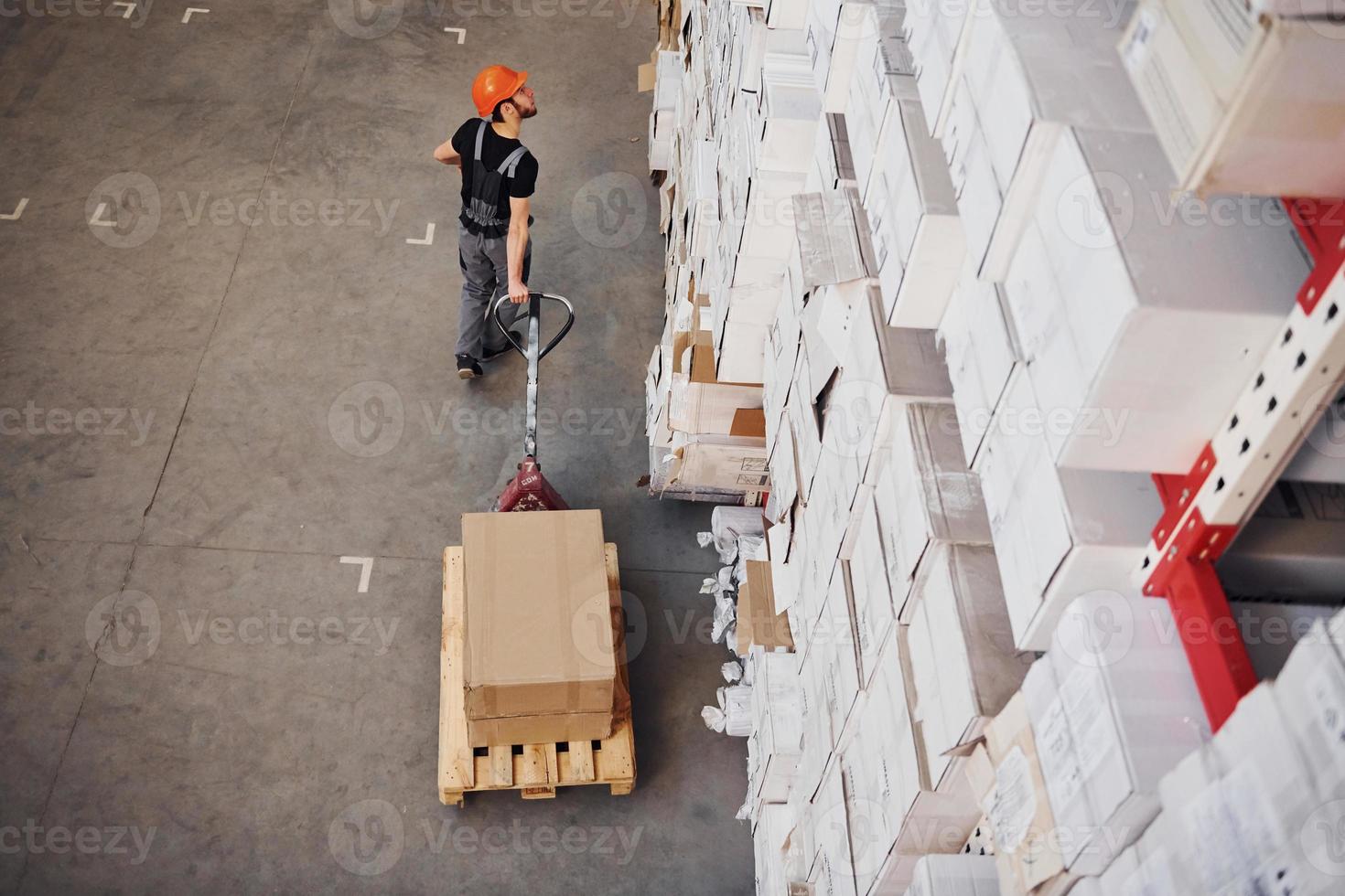 superiore Visualizza di giovane maschio lavoratore nel uniforme quello è nel il magazzino spingendo pallet camion foto