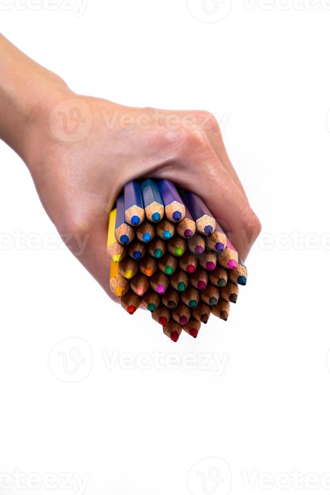 multicolore matite per disegno nel un' femmina mano. multicolore matite nel femmina mano su bianca sfondo, vicino su, copia spazio, moderno arte. moderno design foto