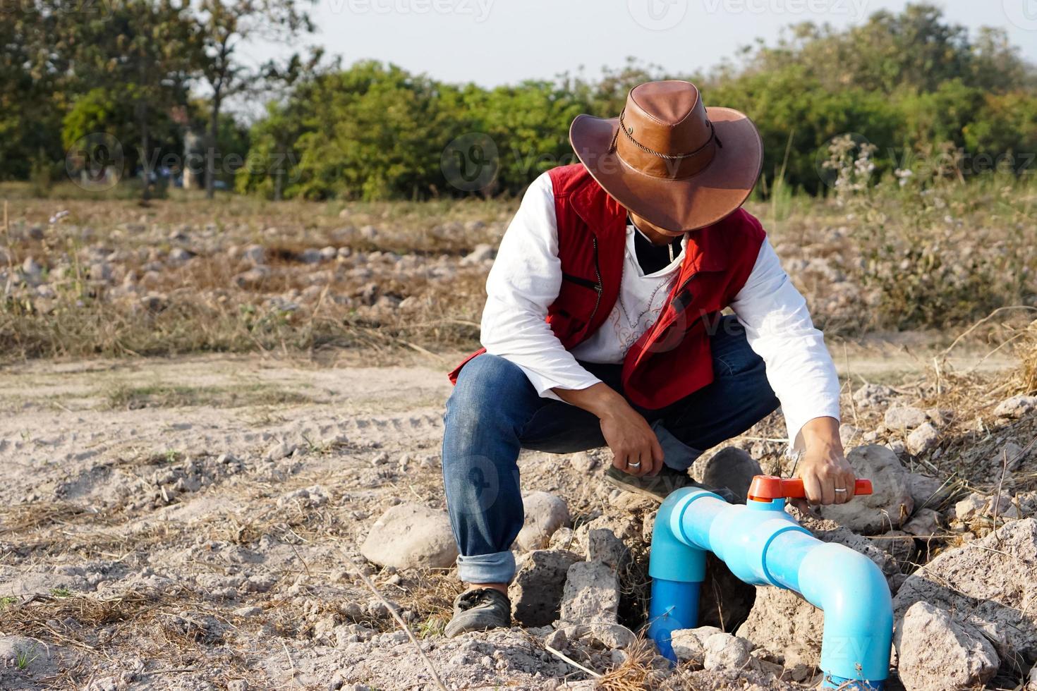 asiatico idraulico è controllo blu tubo di acqua fornitura nel giardino. concetto, installare, fix , riparazione o Manutenzione acqua sistema servizio quello uso per agricoltura la zona. foto