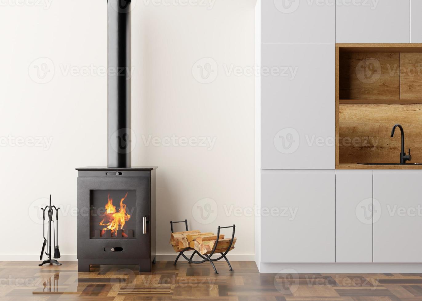 bellissimo moderno camera con il camino. contemporaneo stile interno design. ardente legna da ardere, fuoco. accogliente, rilassato atmosfera. cucina, parquet pavimento, fornello. riscaldamento con Di legno. 3d resa. foto