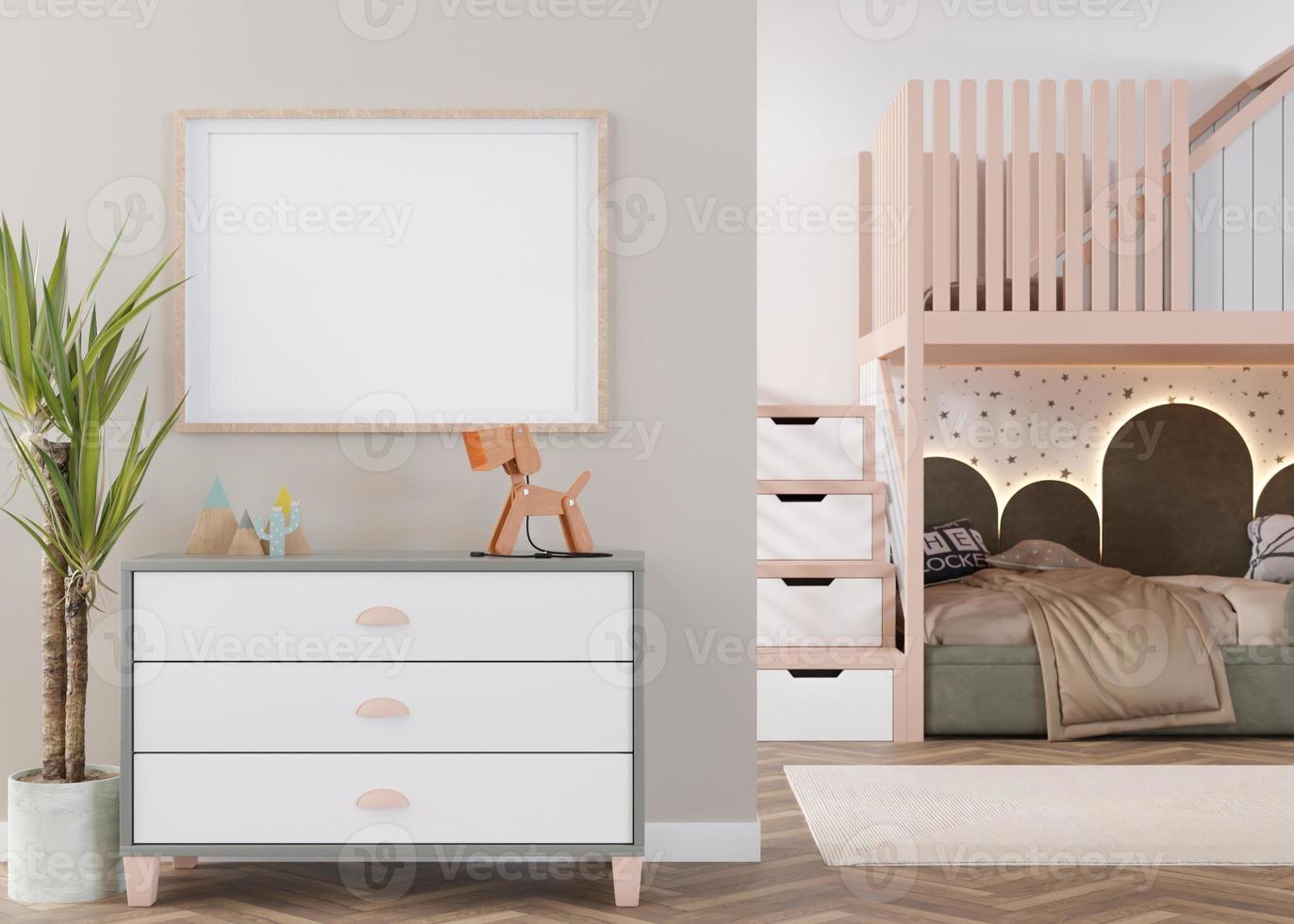 vuoto orizzontale immagine telaio su beige parete nel moderno bambino camera. finto su interno nel contemporaneo, scandinavo stile. gratuito, copia spazio per immagine. letto, giocattoli. accogliente camera per bambini. 3d resa. foto