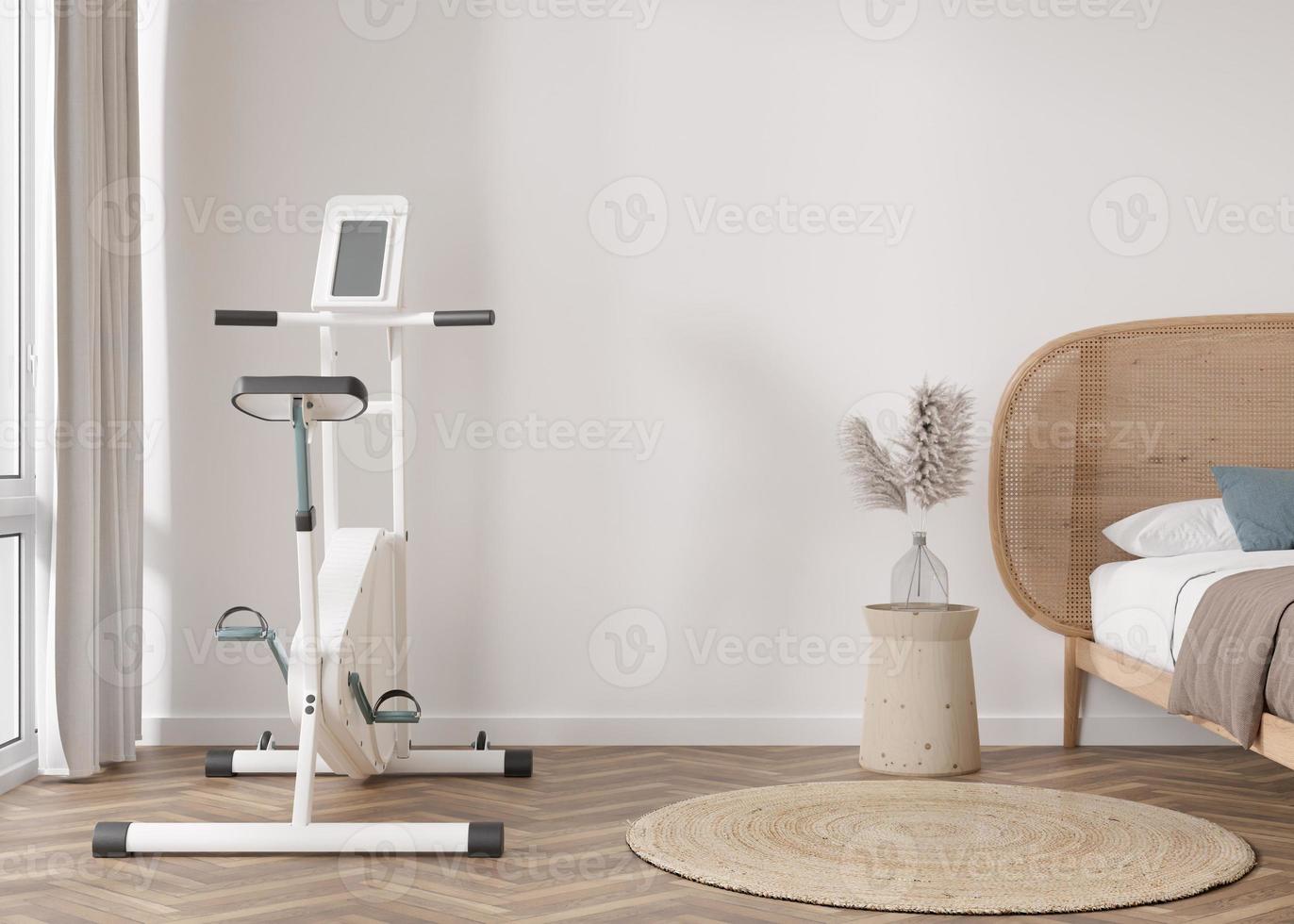 moderno camera con fitness bicicletta. sport attrezzatura nel contemporaneo interno. salutare stile di vita, sport, formazione a casa concetto. restare in forma. casa palestra. 3d resa. foto