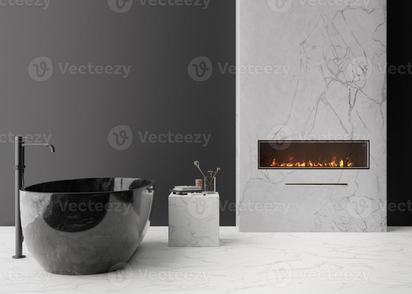 bellissimo moderno bagno con gas o elettrico il camino. contemporaneo stile interno design. ardente fuoco. accogliente, rilassato atmosfera. camino come un' speciale casa dettaglio, arredamento. 3d resa. foto