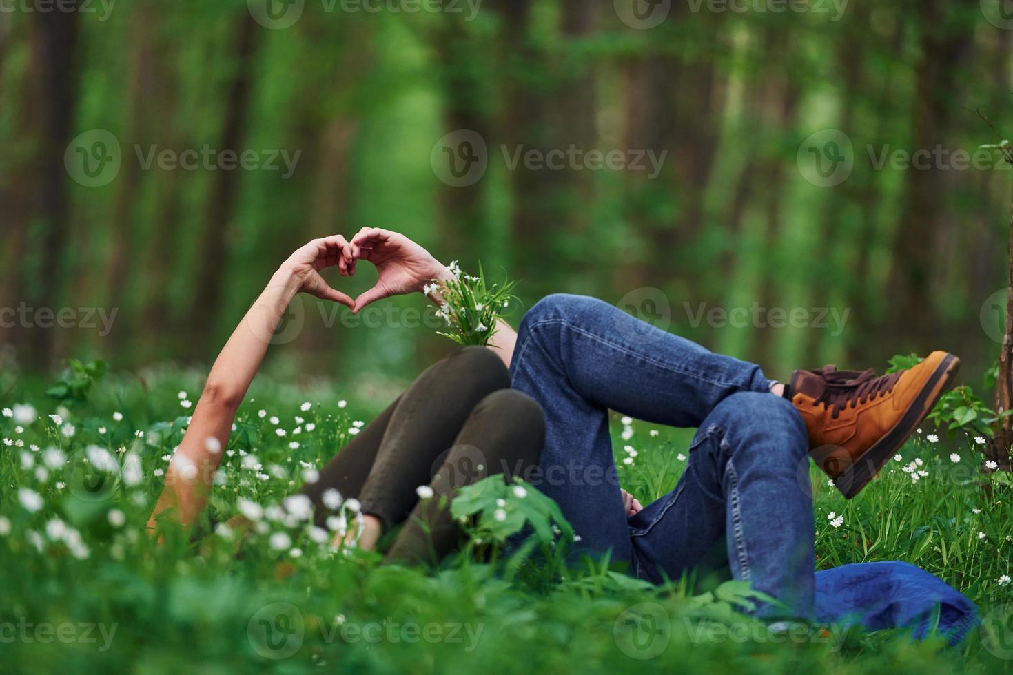 coppia dire bugie giù su il erba nel foresta insieme a giorno foto