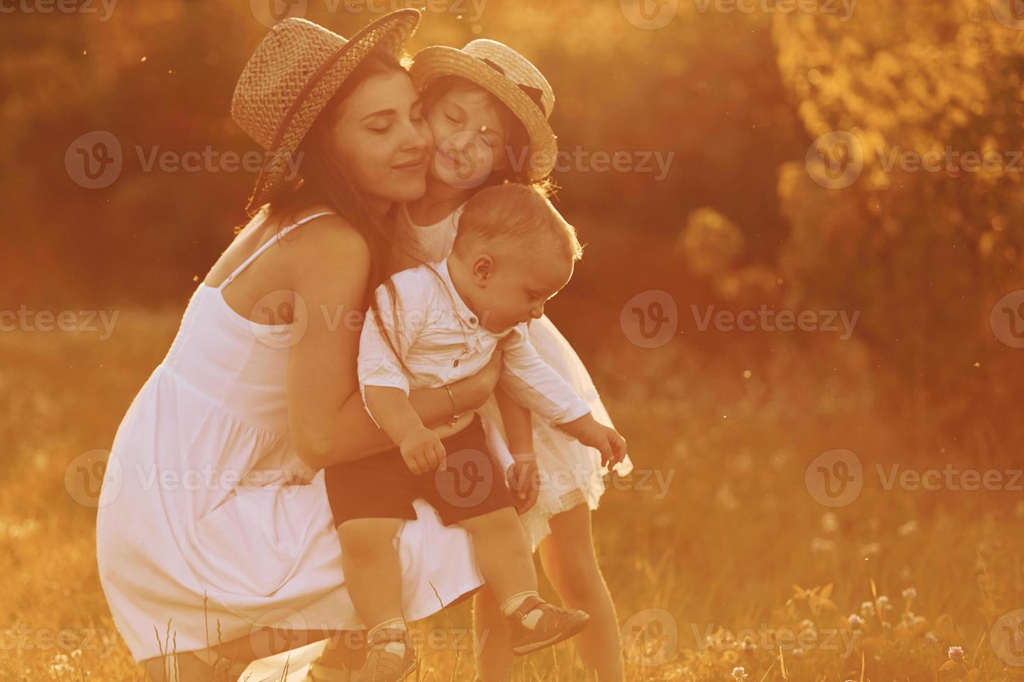 contento famiglia di madre, poco figlio e figlia la spesa gratuito tempo su il campo a soleggiato giorno tempo di estate foto