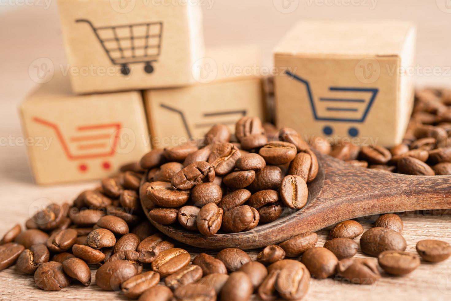 scatola con il simbolo del logo del carrello della spesa sui chicchi di caffè, import export shopping online o e-commerce servizio di consegna negozio spedizione del prodotto, commercio, concetto di fornitore. foto