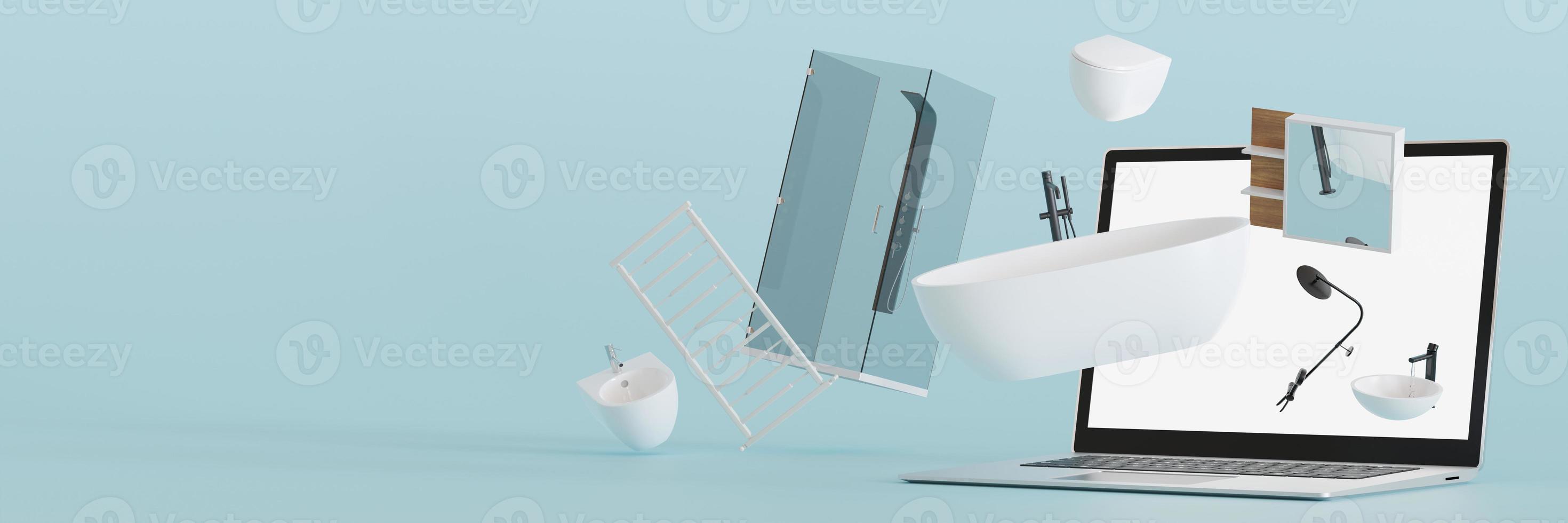 il computer portatile con volante bagno dettagli e sanitario merci. shopping in linea. arredamento vendita o bagno interno progetto. acquistare vasca da bagno, lavabo, bagno attraverso Internet. bandiera con copia spazio. 3d resa. foto