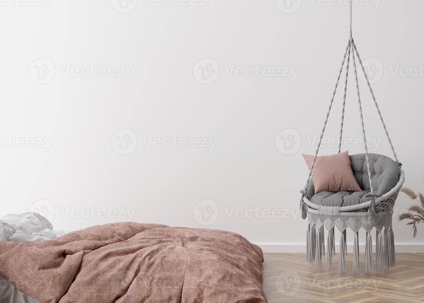 vuoto bianca parete nel moderno e accogliente Camera da letto. finto su interno nel minimalista, contemporaneo stile. gratuito spazio, copia spazio per il tuo immagine, testo, o un altro design. letto, sospeso poltrona. 3d resa. foto