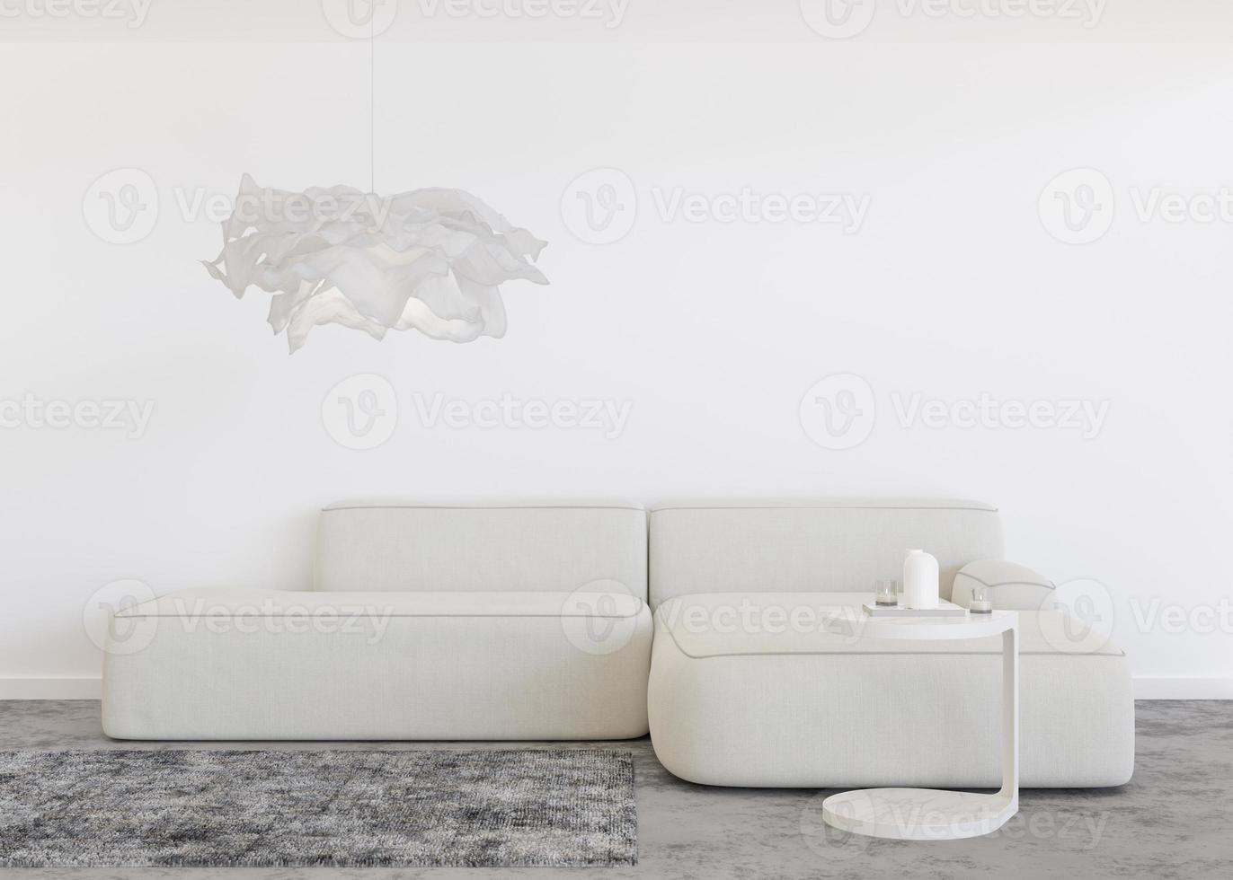 vuoto bianca parete nel moderno vivente camera. finto su interno nel contemporaneo stile. gratuito, copia spazio per il tuo immagine, testo, o un altro design. divano, tappeto, tavolo, lampada. 3d resa. foto