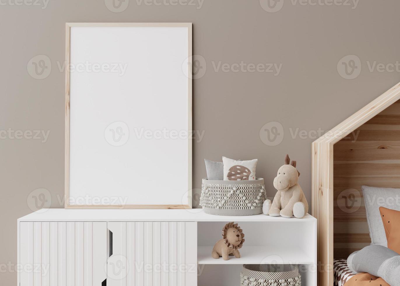 vuoto verticale immagine telaio su Marrone parete nel moderno bambino camera. finto su interno nel scandinavo stile. gratuito, copia spazio per il tuo immagine. vicino su Visualizza. accogliente camera per bambini. 3d resa. foto