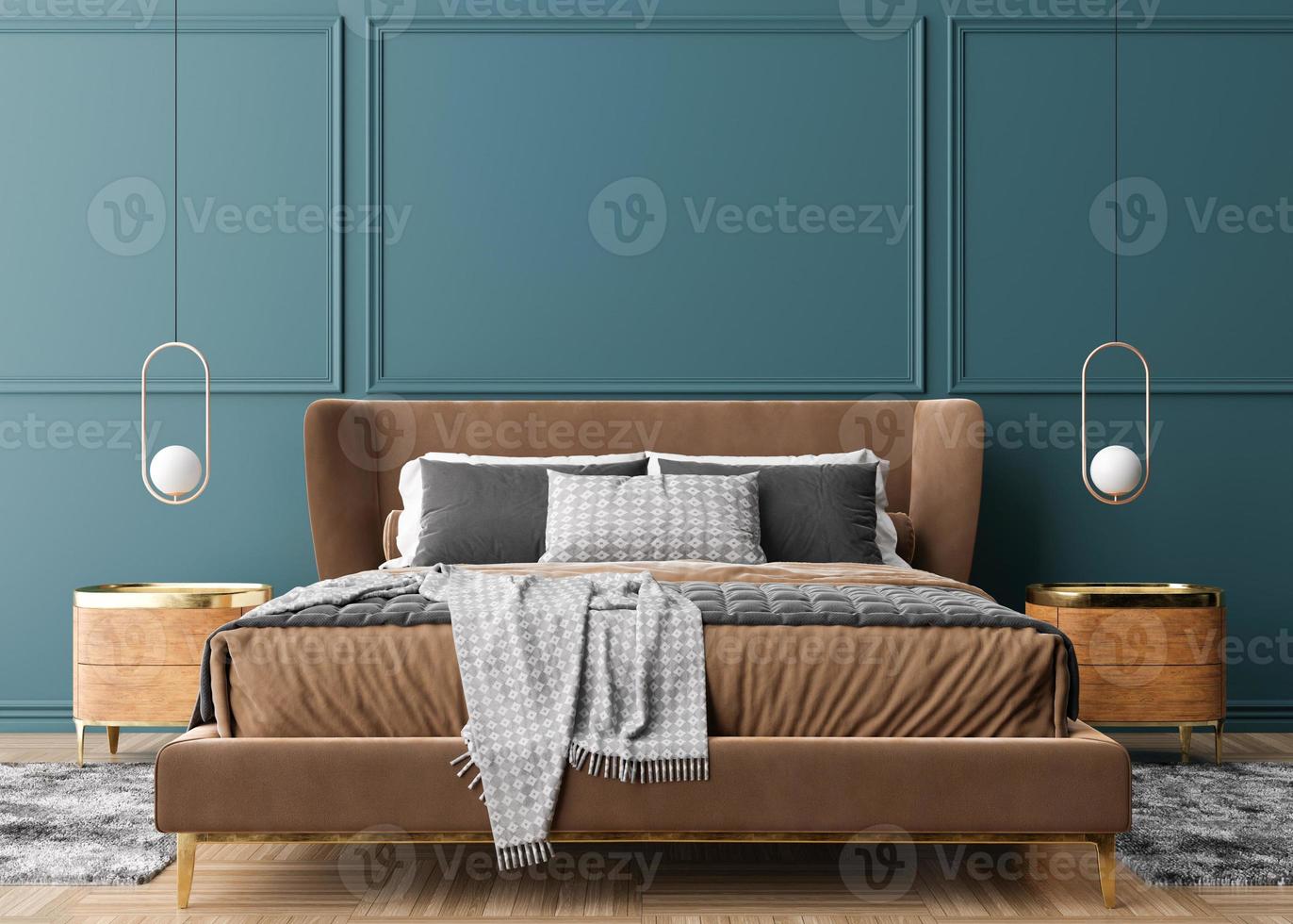 vuoto blu parete nel moderno e accogliente Camera da letto. finto su interno nel contemporaneo stile. gratuito spazio, copia spazio per il tuo immagine, testo, o un altro design. letto, lampade. 3d resa. foto