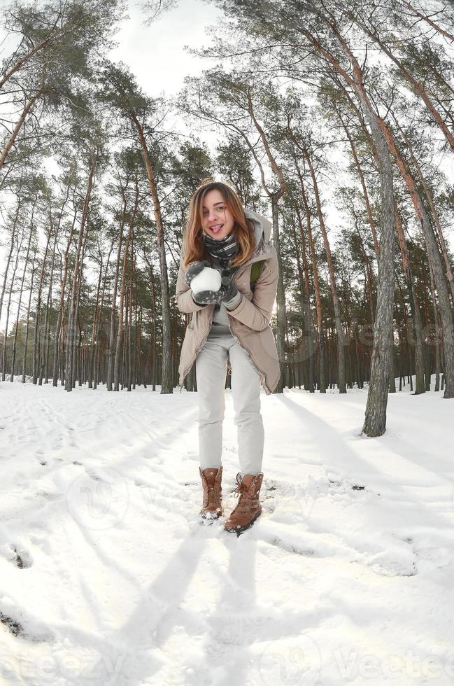 un' giovane e gioioso caucasico ragazza nel un' Marrone cappotto detiene un' palla di neve nel un' innevato foresta nel inverno. fisheye foto