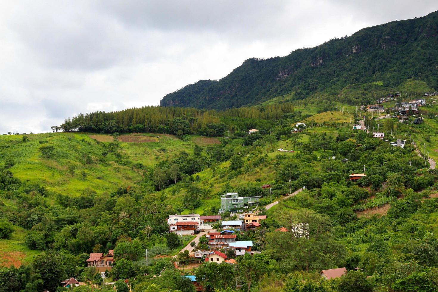 molti Casa o casa costruito organizzare su verde montagna con cielo sfondo. villaggio su collina a nord di Tailandia. struttura di edificio tra tropicale foresta o giungla. persone vivere nel natura. paesaggio foto