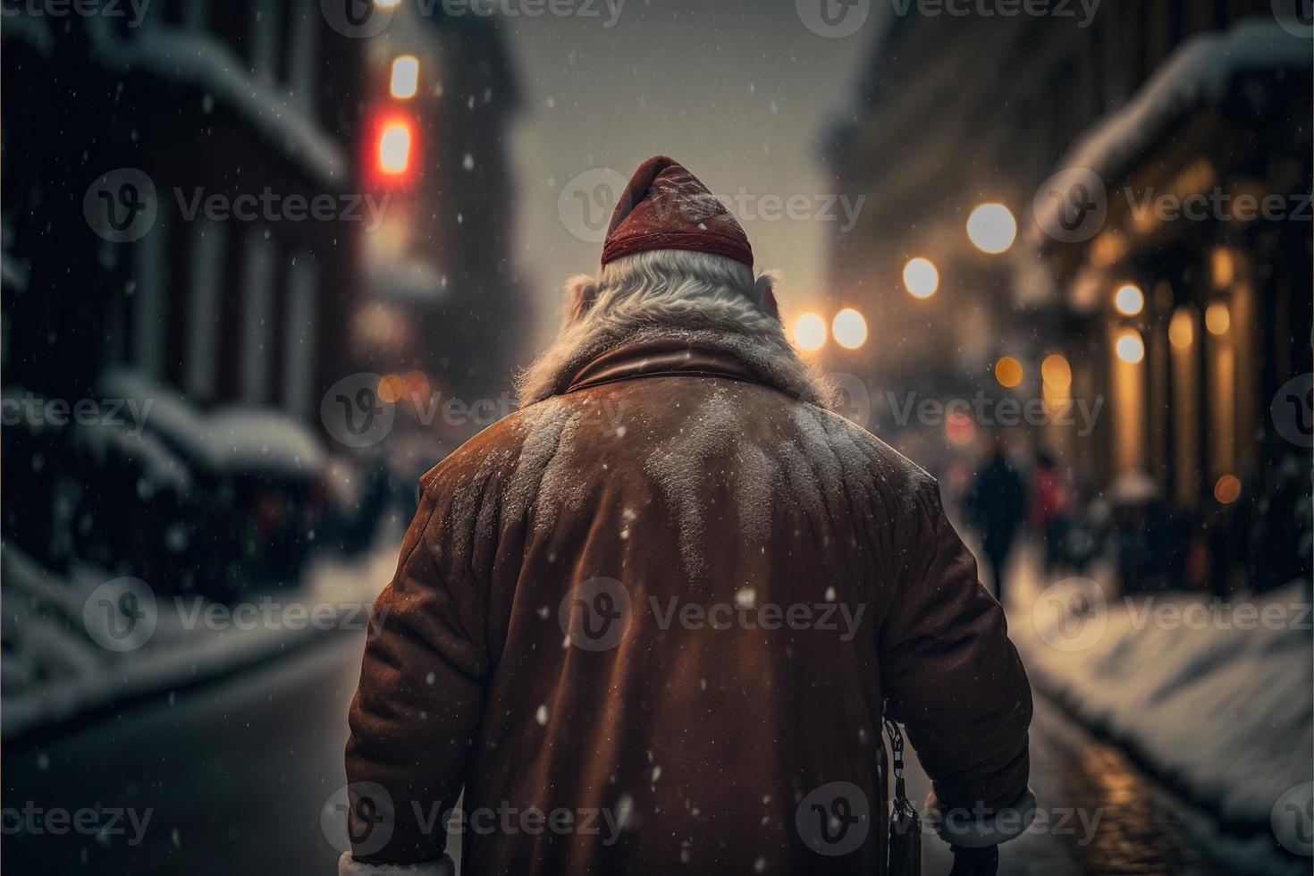 Santa Claus è visto a piedi giù un' occupato strada nel Londra su Natale vigilia. il neve è caduta delicatamente in giro lui. luci e bokeh nel il sfondo. foto