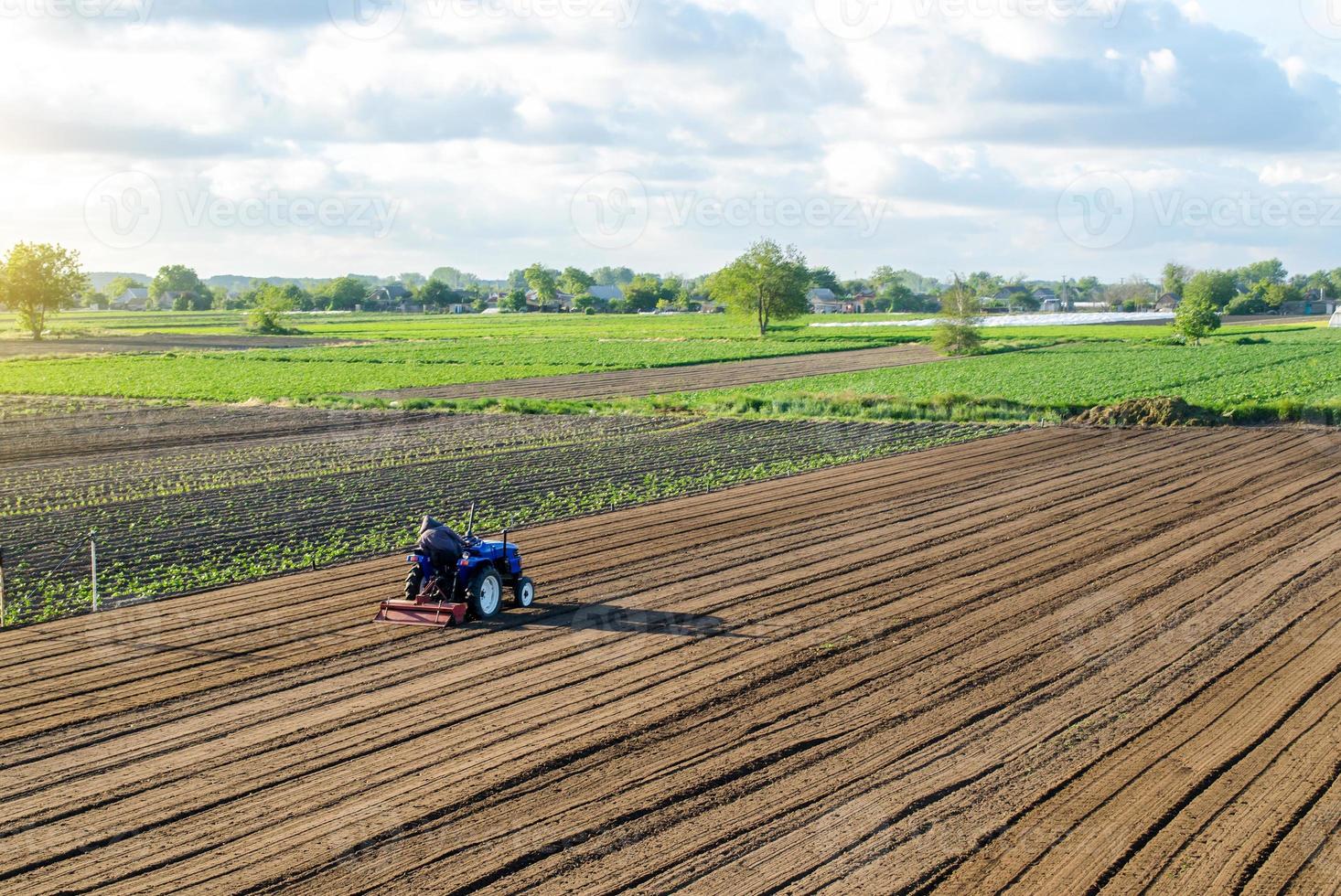 un' contadino su un' trattore coltiva un' campo. terra coltivazione. di stagione lavoratore. reclutamento e assumere dipendenti per opera nel un' azienda agricola. agricoltura, agricoltura. preparatorio lavori di sterro prima piantare un' nuovo Ritaglia foto