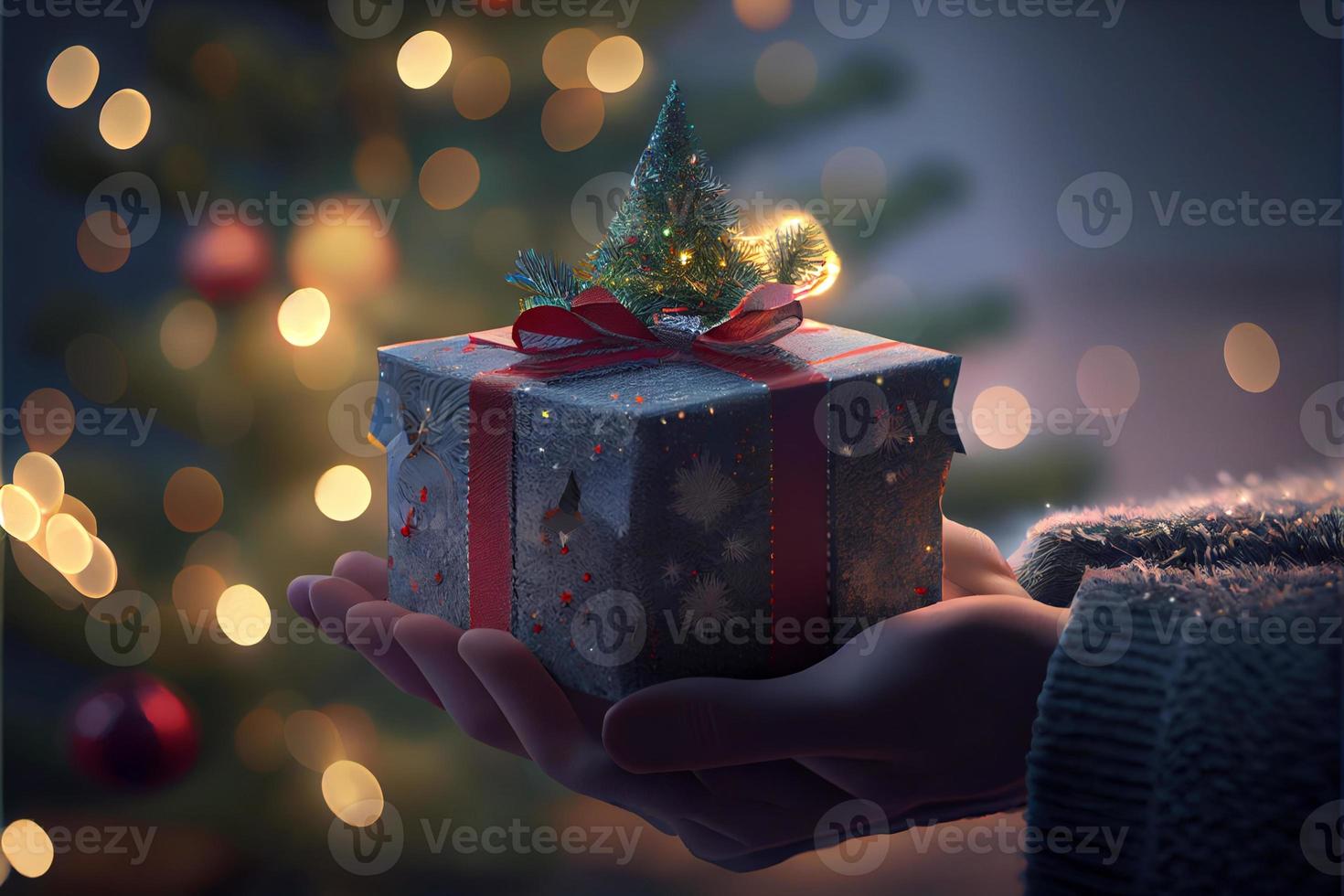 mano Tenere un' regalo Là è un' Natale albero decorato nel il sfondo con luci foto
