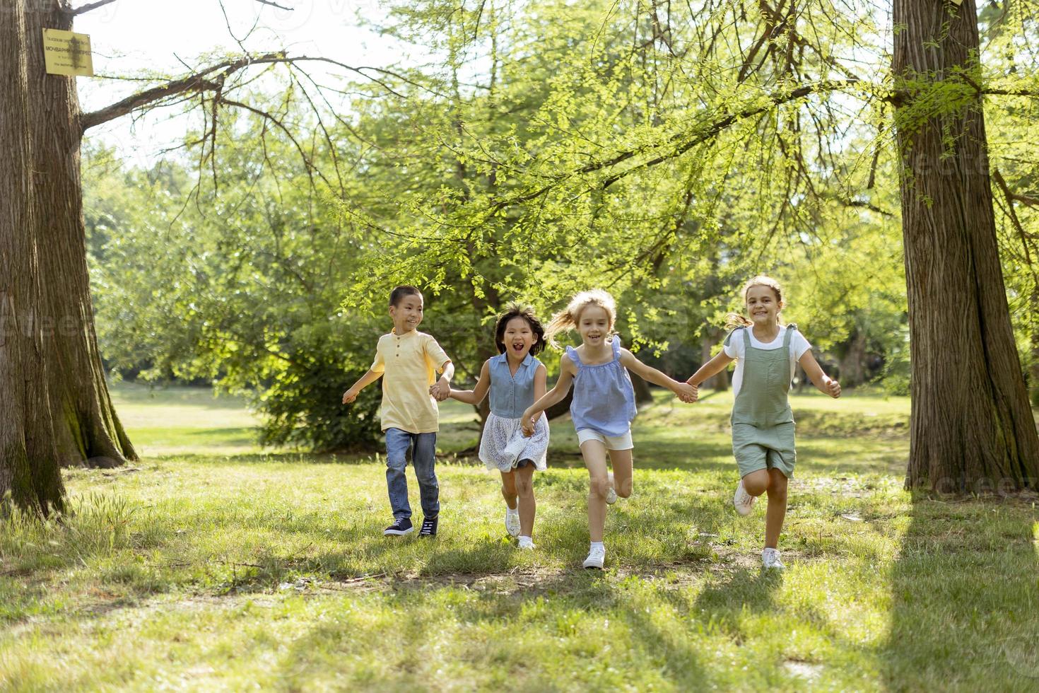 gruppo di asiatico e caucasico bambini avendo divertimento nel il parco foto