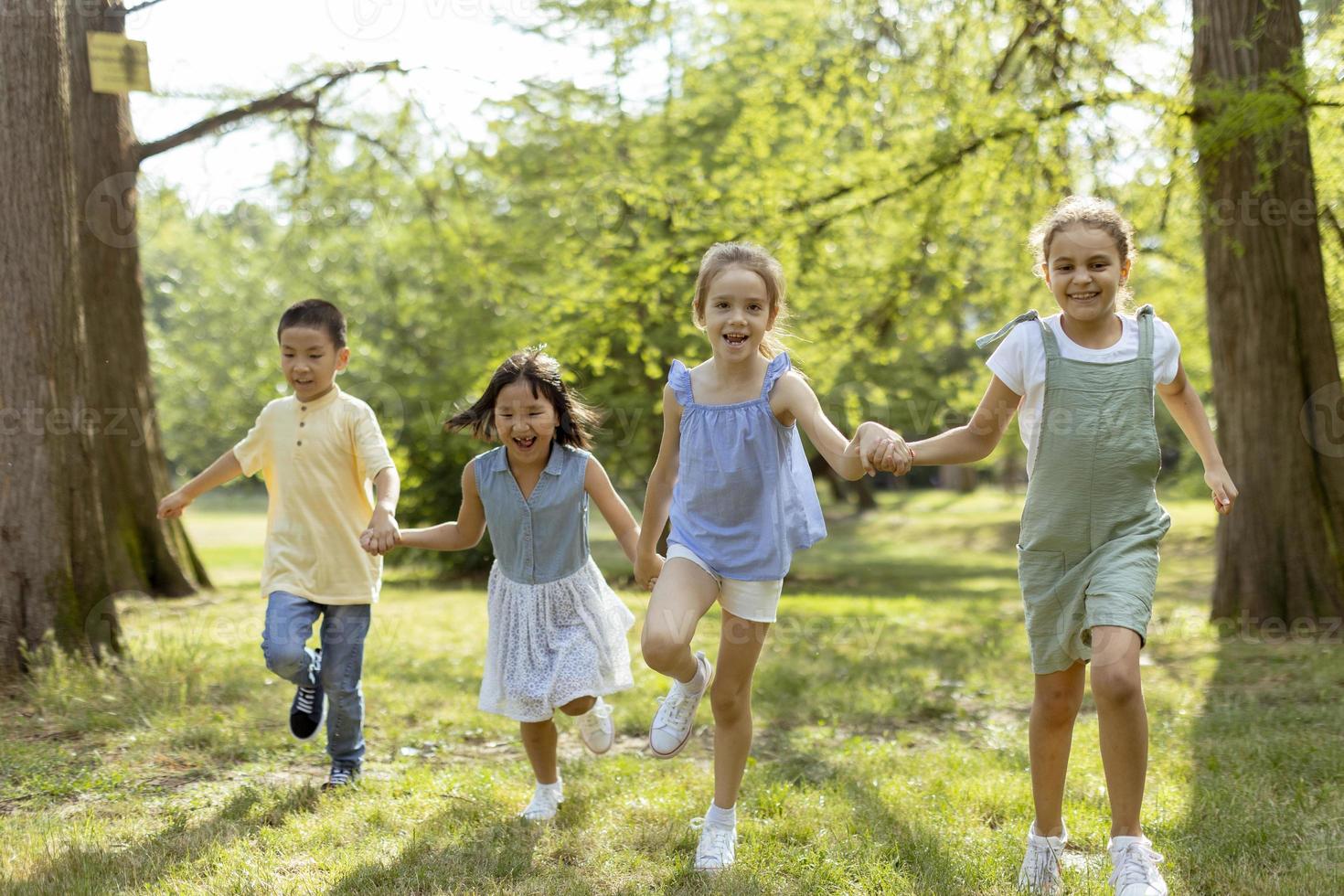 gruppo di asiatico e caucasico bambini avendo divertimento nel il parco foto